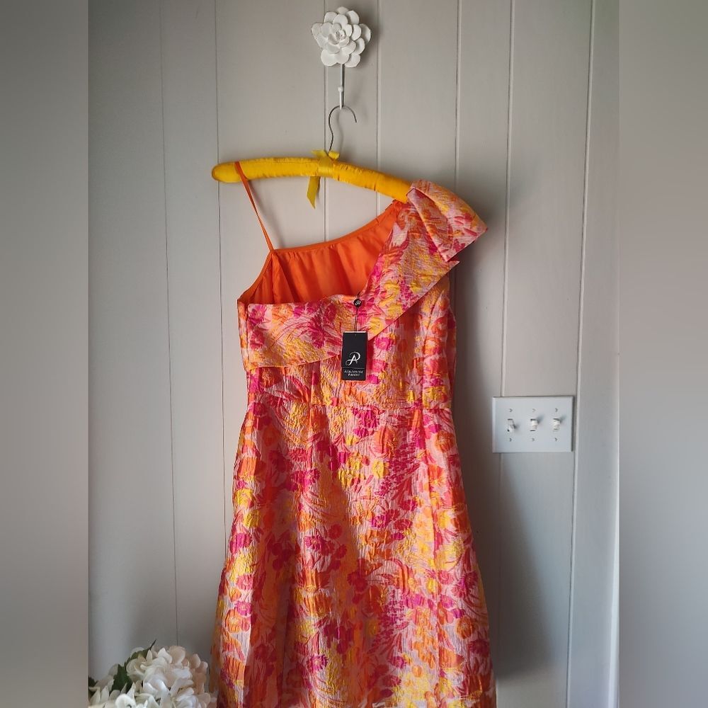 Adrianna Papell One-Shoulder Ruffle Fit-and-Flare Dress in Coral-Pink Print - Picture 5 of 13